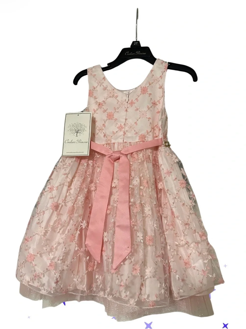 Classic Pink Floral Lace Bow Party Dress for Girls